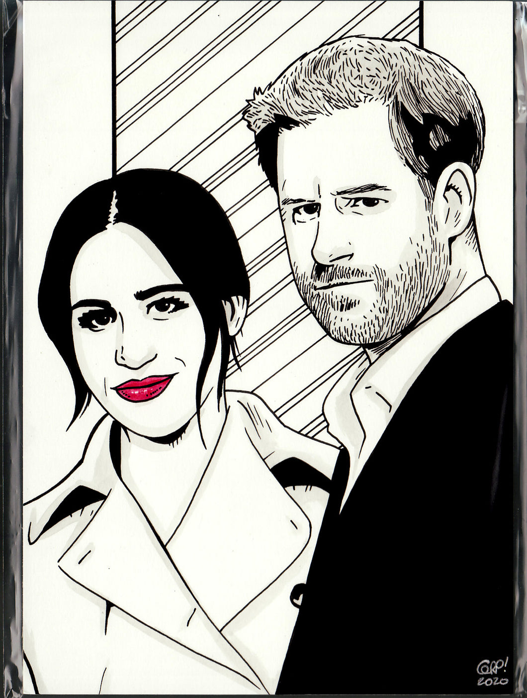 Original art - Celebrity sketch - Prince Harry & Meghan Markle - ink drawing by Gary Parkin