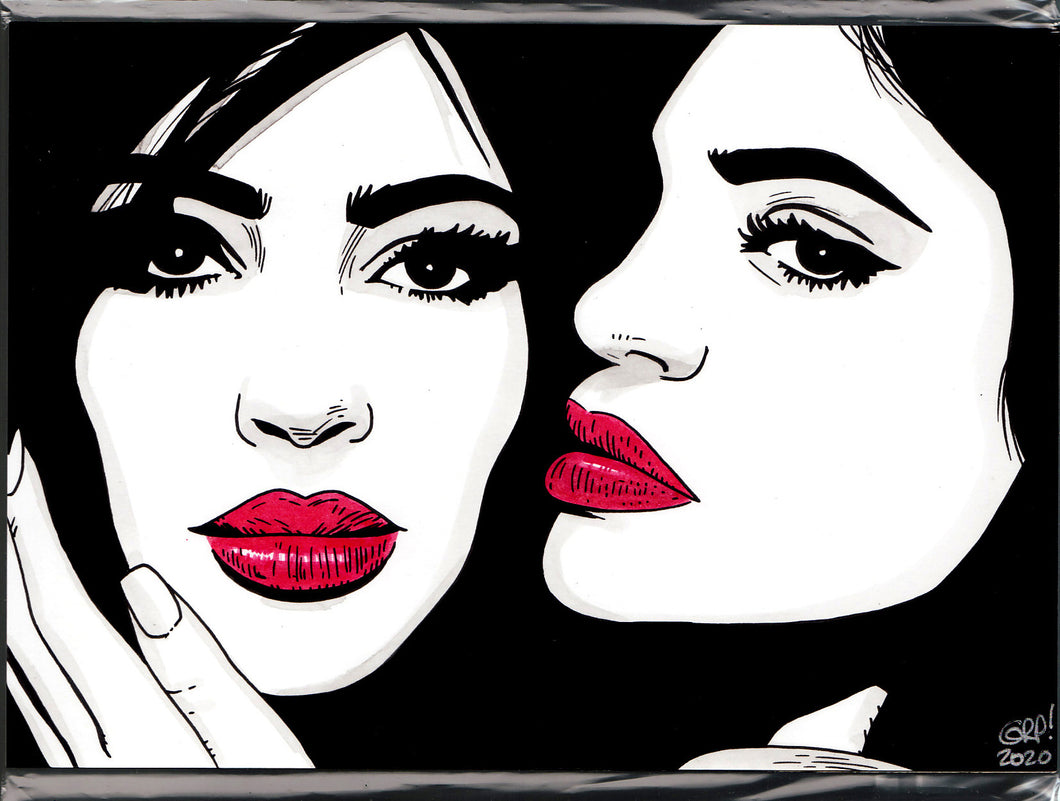 Original art - Celebrity sketch - Kim Kardashian & Kylie Jenner 1 - ink drawing by Gary Parkin
