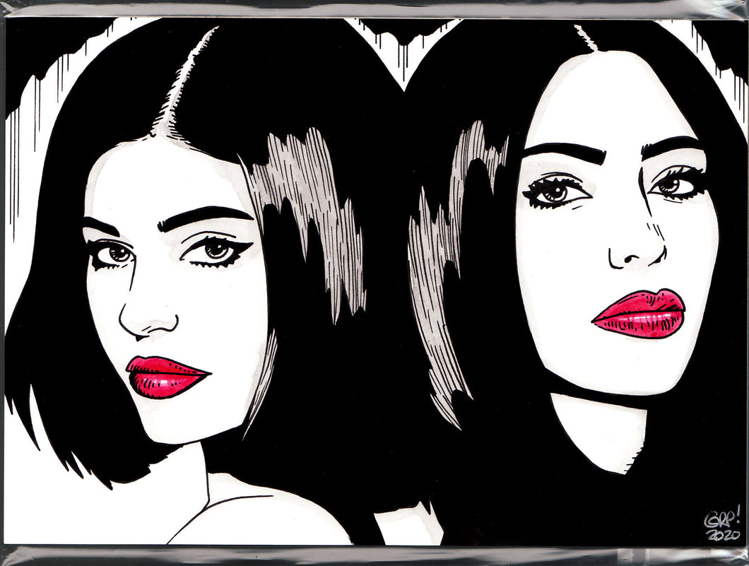 Original art - Celebrity sketch - Kim Kardashian & Kylie Jenner 2 - ink drawing by Gary Parkin