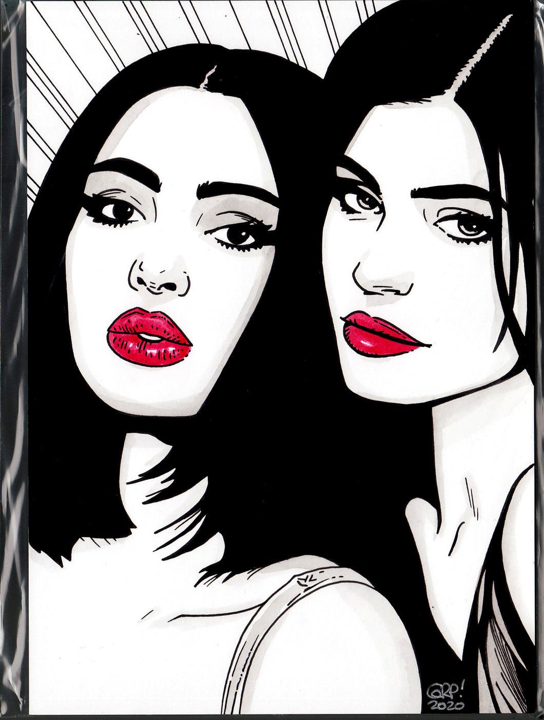 Original art - Celebrity sketch - Kim Kardashian & Kylie Jenner 3 - ink drawing by Gary Parkin